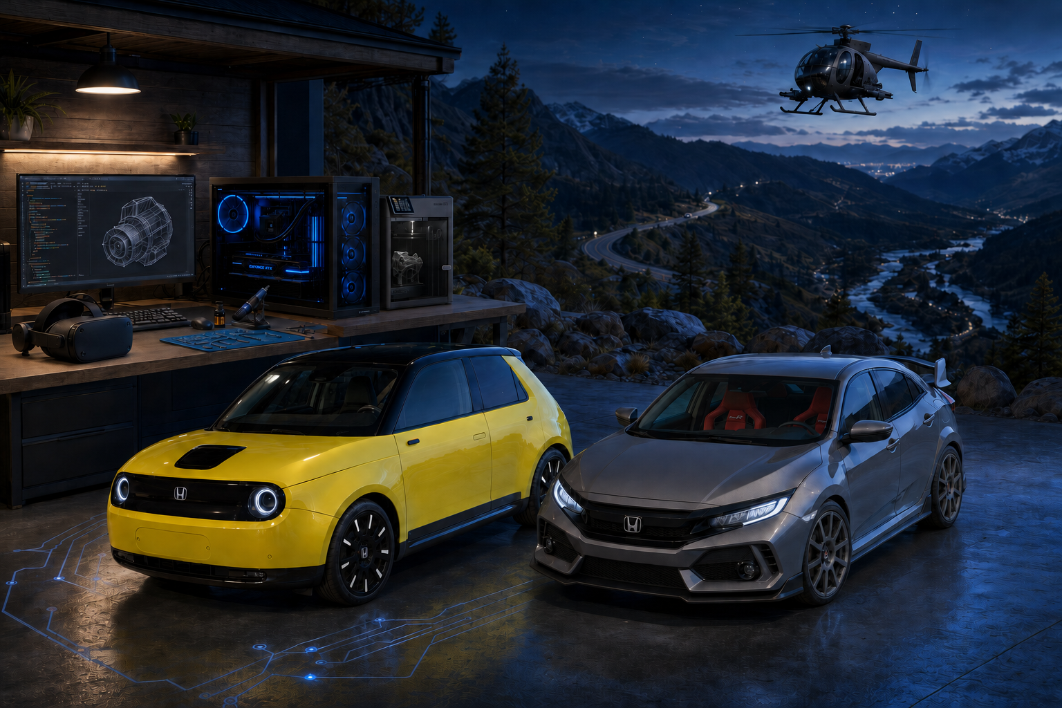 Estudio de informática y electrónica junto a la montaña, con un Honda e amarillo ancho y cámaras discretas en las puertas, y un Civic X gris rebajado con asientos rojos Type R, alerón y llantas Braid. En la mesa, PC, Bambu Lab X2D, equipo de soldadura y visor Steam Frame; al fondo, una carretera, un río y un Little Bird.